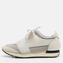 Balenciaga White Leather and Metallic Lurex Fabric Race Runner Sneakers Size 38