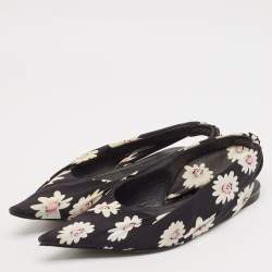 Balenciaga Black Floral Print Fabric Pointed Toe Slingback Flats Size 38