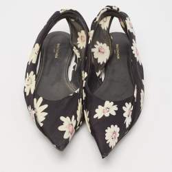 Balenciaga Black Floral Print Fabric Pointed Toe Slingback Flats Size 38