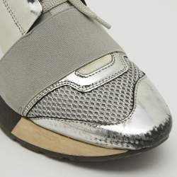 Balenciaga Silver Leather and Mesh Race Runner Sneakers Size 36