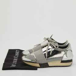 Balenciaga Silver Leather and Mesh Race Runner Sneakers Size 36