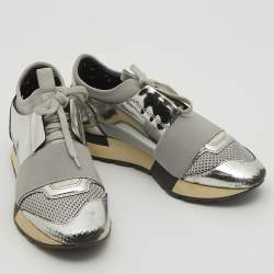 Balenciaga Silver Leather and Mesh Race Runner Sneakers Size 36