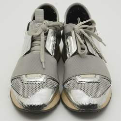 Balenciaga Silver Leather and Mesh Race Runner Sneakers Size 36
