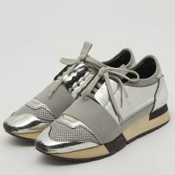 Balenciaga Silver Leather and Mesh Race Runner Sneakers Size 36