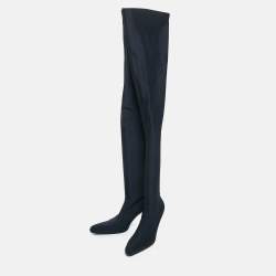 Pre Owned Balenciaga Navy Blue Knit Fabric Over The Knee Boots Size 40
