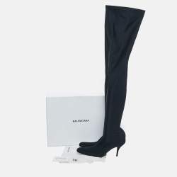 Pre Owned Balenciaga Navy Blue Knit Fabric Over The Knee Boots Size 40