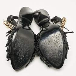 Pre Owned Balenciaga Black Fringe Leather Chain Detail Ankle Strap Sandals Size 39