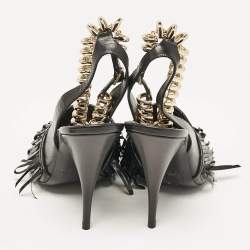 Pre Owned Balenciaga Black Fringe Leather Chain Detail Ankle Strap Sandals Size 39