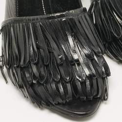 Pre Owned Balenciaga Black Fringe Leather Chain Detail Ankle Strap Sandals Size 39