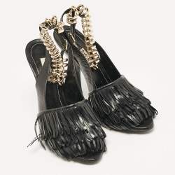Pre Owned Balenciaga Black Fringe Leather Chain Detail Ankle Strap Sandals Size 39