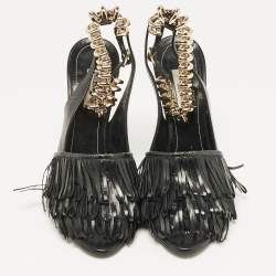 Pre Owned Balenciaga Black Fringe Leather Chain Detail Ankle Strap Sandals Size 39