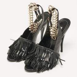 Pre Owned Balenciaga Black Fringe Leather Chain Detail Ankle Strap Sandals Size 39