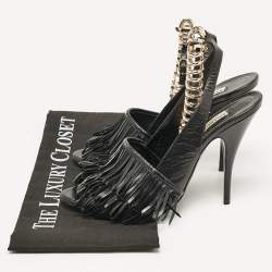 Pre Owned Balenciaga Black Fringe Leather Chain Detail Ankle Strap Sandals Size 39