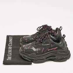 Pre Owned Balenciaga Black Faux Leather Triple S All Over Logo Sneakers Size 36
