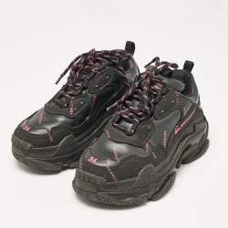 Pre Owned Balenciaga Black Faux Leather Triple S All Over Logo Sneakers Size 36