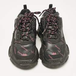 Pre Owned Balenciaga Black Faux Leather Triple S All Over Logo Sneakers Size 36