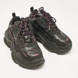 Pre Owned Balenciaga Black Faux Leather Triple S All Over Logo Sneakers Size 36