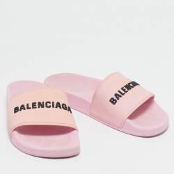 Balenciaga Pink Rubber Logo Embossed Flat Slides Size 39