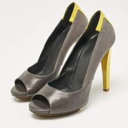 Balenciaga Grey Canvas and Leather Peep Toe Pumps Size 37.5