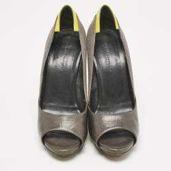 Balenciaga Grey Canvas and Leather Peep Toe Pumps Size 37.5