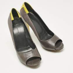 Balenciaga Grey Canvas and Leather Peep Toe Pumps Size 37.5