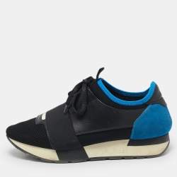 Pre Owned Balenciaga Blue/Black Mesh and Suede Race Runner Low Top Sneakers Size 38