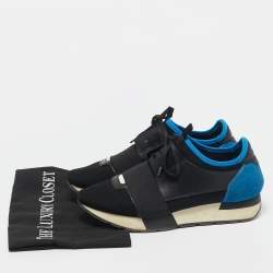 Pre Owned Balenciaga Blue/Black Mesh and Suede Race Runner Low Top Sneakers Size 38