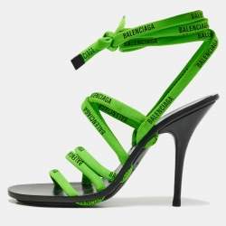 Balenciaga Green/Black Leather Logo Lace Ankle Wrap Sandals Size 36