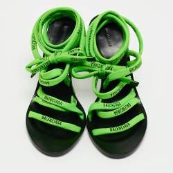 Balenciaga Green/Black Leather Logo Lace Ankle Wrap Sandals Size 36