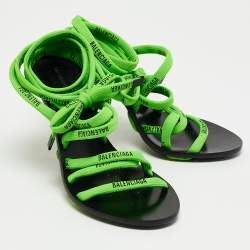 Balenciaga Green/Black Leather Logo Lace Ankle Wrap Sandals Size 36