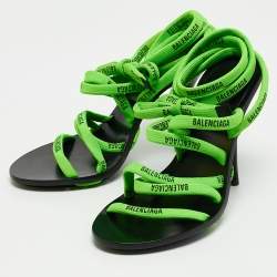 Balenciaga Green/Black Leather Logo Lace Ankle Wrap Sandals Size 36