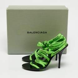 Balenciaga Green/Black Leather Logo Lace Ankle Wrap Sandals Size 36