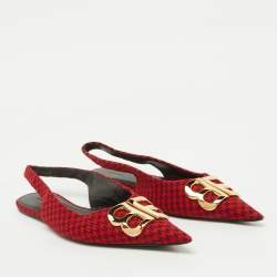 Balenciaga Red Houndstooth Tweed Knife BB Knife Pointy Toe Slingback Flats Size 39.5