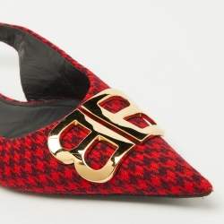 Balenciaga Red Houndstooth Tweed Knife BB Knife Pointy Toe Slingback Flats Size 39.5