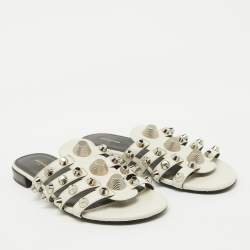 Balenciaga White Leather Studded Arena Flat Slide Sandals Size 38