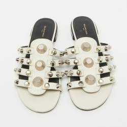 Balenciaga White Leather Studded Arena Flat Slide Sandals Size 38