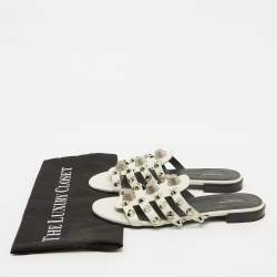 Balenciaga White Leather Studded Arena Flat Slide Sandals Size 38