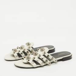 Balenciaga White Leather Studded Arena Flat Slide Sandals Size 38