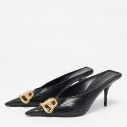 مملوكة مسبقًا Balenciaga Black Python Embossed Leather BB Knife Mules Size 36