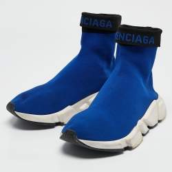 Pre Owned Balenciaga Blue Knit Fabric Speed Trainer High Top Sneakers Size 39