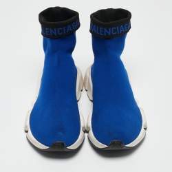Pre Owned Balenciaga Blue Knit Fabric Speed Trainer High Top Sneakers Size 39