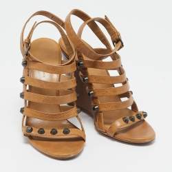 Balenciaga Brown Leather Arena Cage Wedge Sandals Size 38.5