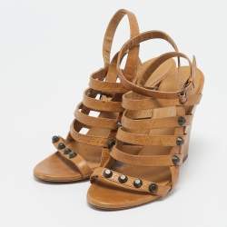Balenciaga Brown Leather Arena Cage Wedge Sandals Size 38.5