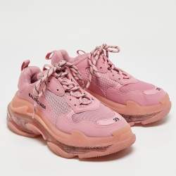 Balenciaga Pink Mesh and Nubuck Leather Triple S Clear Sole Lace Up Sneakers Size 39