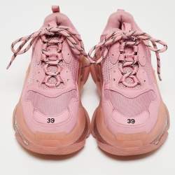 Balenciaga Pink Mesh and Nubuck Leather Triple S Clear Sole Lace Up Sneakers Size 39