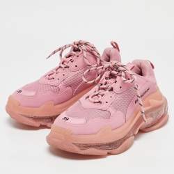 Balenciaga Pink Mesh and Nubuck Leather Triple S Clear Sole Lace Up Sneakers Size 39