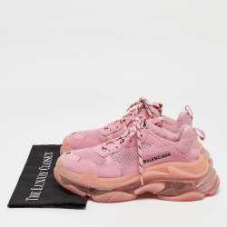 Balenciaga Pink Mesh and Nubuck Leather Triple S Clear Sole Lace Up Sneakers Size 39