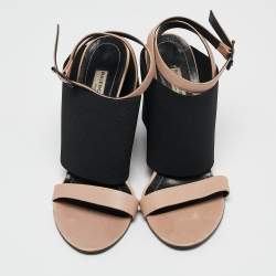 Balenciaga Beige Elastic and Leather Wedge Ankle Strap Sandals Size 39.5