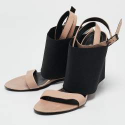Balenciaga Beige Elastic and Leather Wedge Ankle Strap Sandals Size 39.5