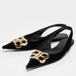 Balenciaga Black Suede Knife Pointed Toe Slingback Flats Size 35